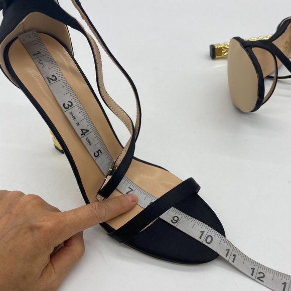 A FSJ Black Bows Gold Metal Chain Chunky High Heels Ankle Strap Sandals - Picture 10 of 10